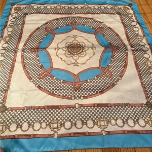 Elegant Blue and Brown Equestrian Patterned Scarf 34x34